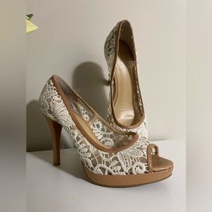 Antonio Melani 8.5 Lace Platform Heel Leather and Fabric Peep Toe